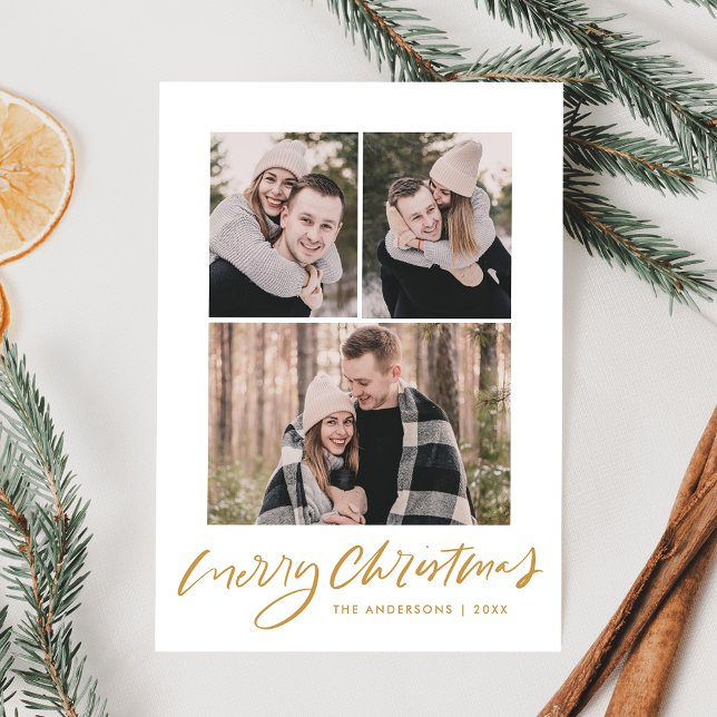 Merry Christmas Gold Script 3 Photo Collage Holiday Card (Creator Uploaded)