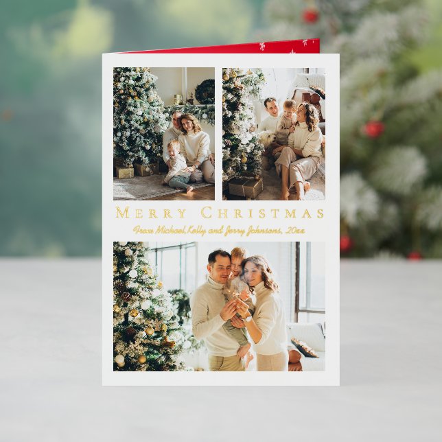 merry christmas gold script 3 photos collage foil holiday card (Holiday In Situ)