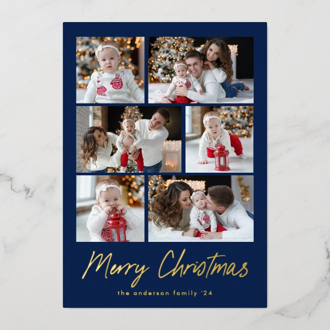 Merry Christmas Gold Script 6 Photo Collage Foil Holiday Card (Front)