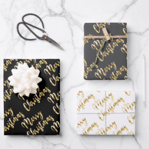 Merry Christmas gold script black grey white Wrapping Paper Sheet