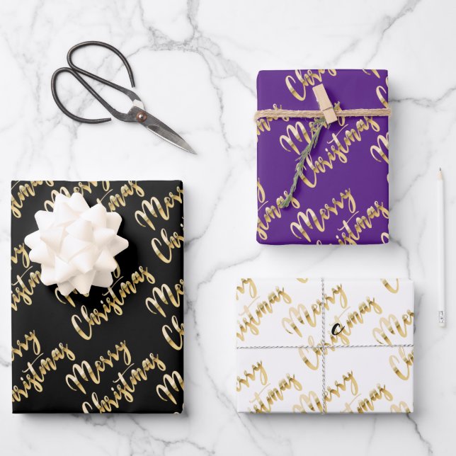 Merry Christmas gold script black white purple Wrapping Paper Sheet (Front)