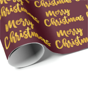 Merry Christmas Gold Script Burgundy Maroon Wrapping Paper
