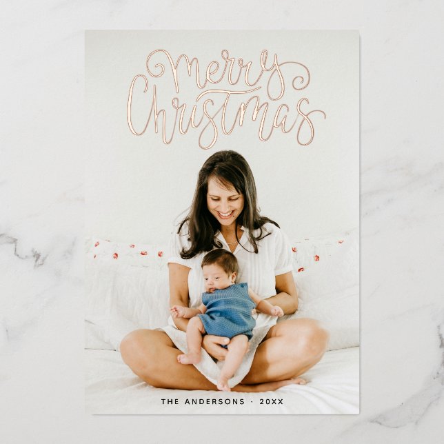 Merry Christmas. Gold script calligraphy photo Foil Holiday Card (Front)