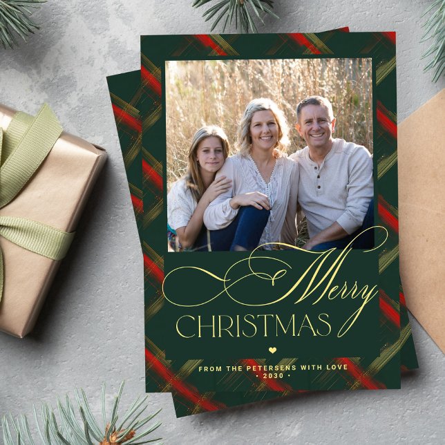 Merry Christmas gold script dark green plaid photo Holiday Card (Creator Uploaded)