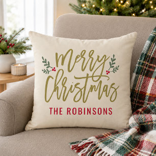 Merry Christmas Gold Script Family Name Beige Cushion