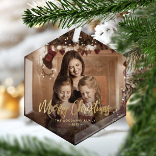 Merry Christmas Gold Script Family Photo Glass Tree Decoration