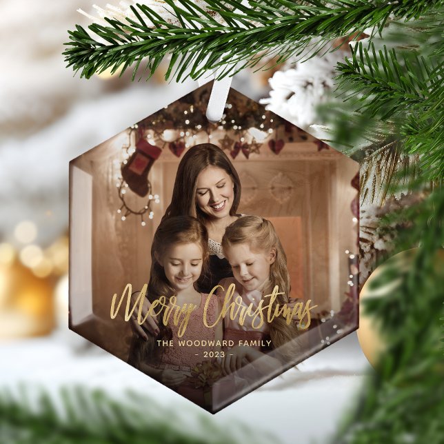 Merry Christmas Gold Script Family Photo Glass Tree Decoration (Creator Uploaded)