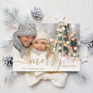 Merry Christmas Gold Script Holiday Photo Card