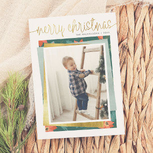 Merry Christmas Gold Script & Holiday Photo Stack Card