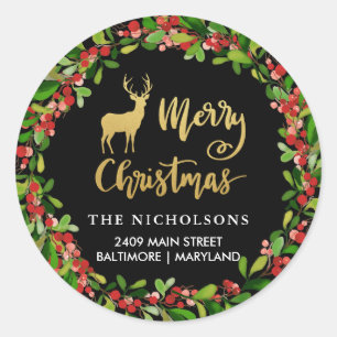 Merry Christmas Gold Script Holiday Return Address Classic Round Sticker