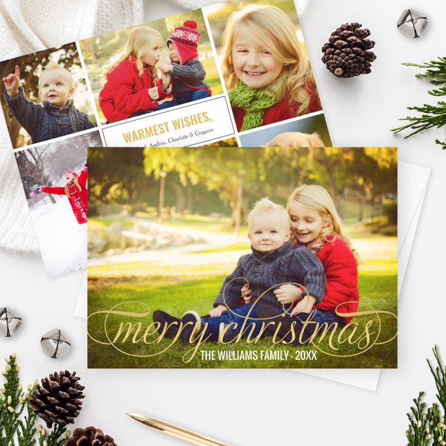 Merry Christmas Gold Script Overlay Photo Collage Holiday Card (Creator Uploaded)