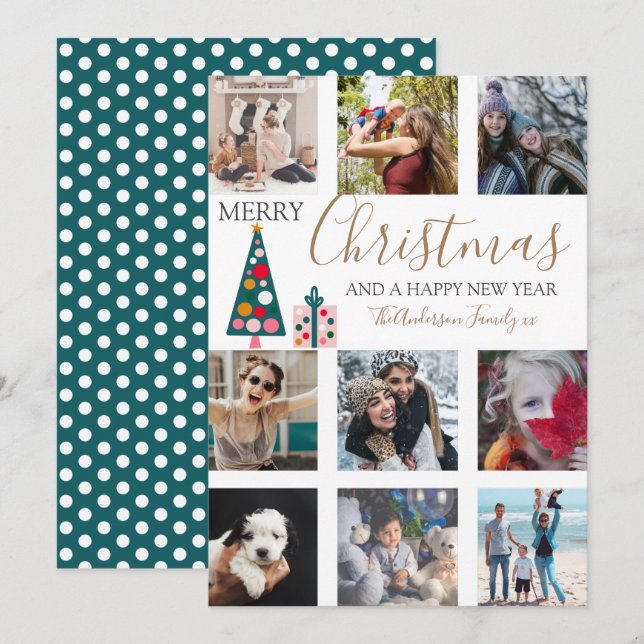 Merry Christmas Gold Script Photo Collage White Ho Holiday Card (Front/Back)