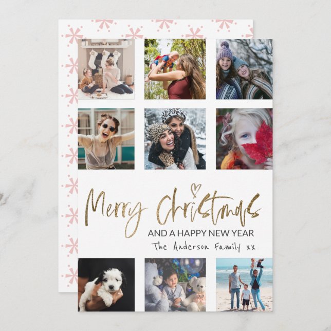 Merry Christmas Gold Script Photo Collage White Holiday Card (Front/Back)