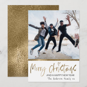 Merry Christmas Gold Script Photo Collage White  Holiday Card