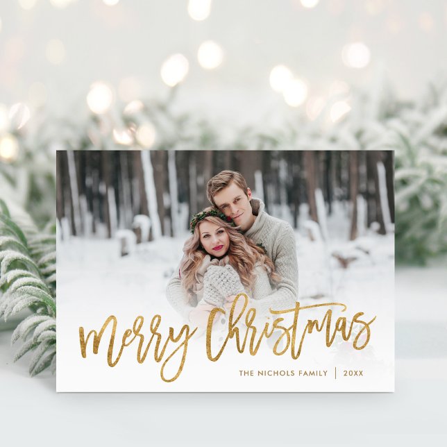 Merry Christmas Gold Script Photo Overlay Holiday Card (Creator Uploaded)