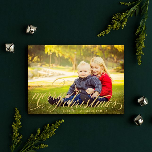 Merry Christmas Gold Script Photo Overlay Holiday Card (Creator Uploaded)