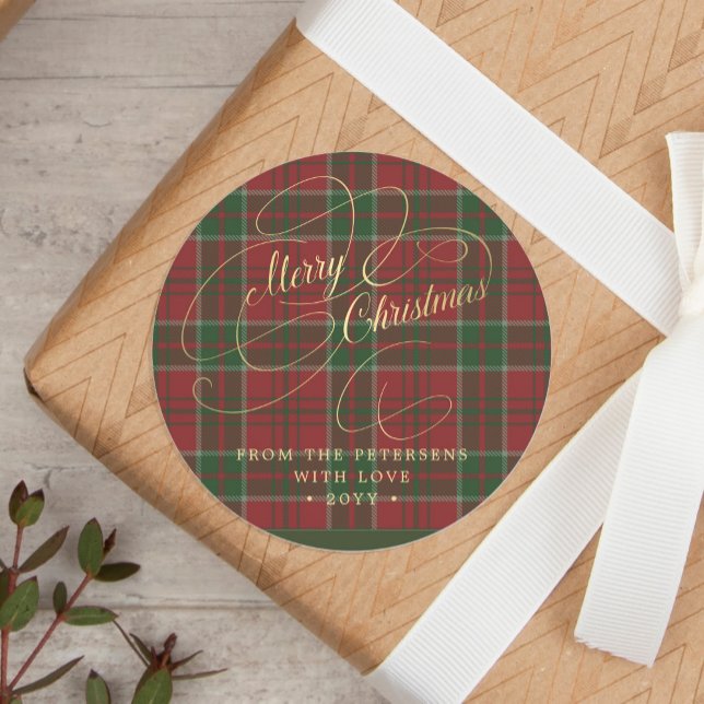 Merry Christmas gold script plaid personalised Classic Round Sticker (Creator Uploaded)