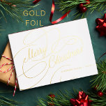 Merry Christmas gold script simple elegant Foil Holiday Card<br><div class="desc">Elegant no photo classy real gold foil script simple text and signature personalised classic Christmas luxury non--photo holiday card. PLEASE NOTE that the background colour is editable. You can change it after selecting CUSTOMIZE option down below the PERSONALIZE IT menu. If you don't feel at ease changing it, please ask...</div>