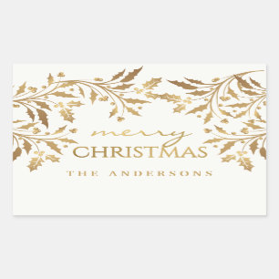Merry Christmas Gold Shimmer Holly Branches Rectangular Sticker