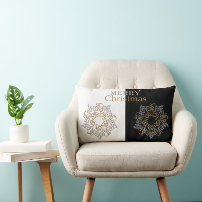 Merry Christmas Gold & Silver Star, Black & White Lumbar Cushion (Chair)