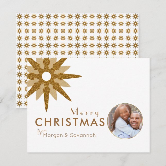Merry Christmas Gold Snowflake Couple Photo Holiday Card (Front/Back)
