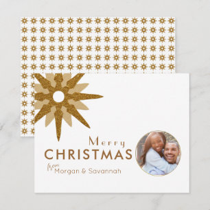 Merry Christmas Gold Snowflake Couple Photo Holiday Card