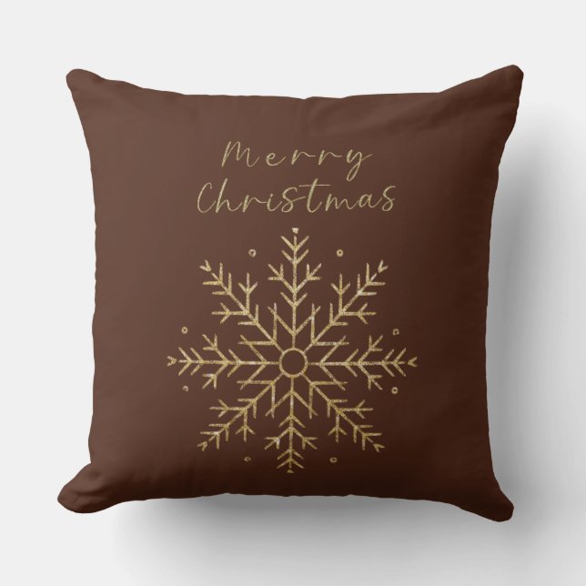 Merry Christmas / Gold Snowflake Terracotta Dark Cushion (Front)