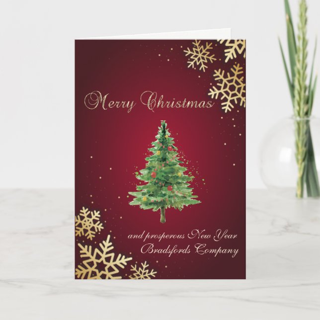 Merry Christmas,Gold Snowflakes Christmas Tree Holiday Card (Front)