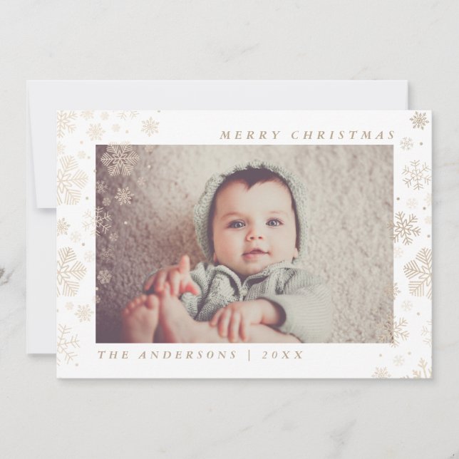 Merry Christmas Gold Snowflakes Custom Photo Holiday Card (Front)
