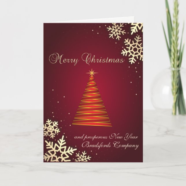 Merry Christmas,Gold Snowflakes,Red Christmas Tree Holiday Card (Front)