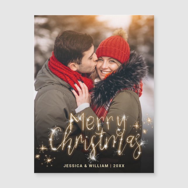 Merry Christmas Gold Sparkle PHOTO Greeting Magnet (Front)