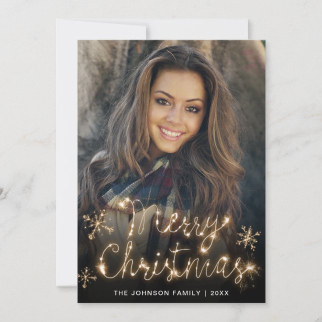 Merry Christmas Gold Sparkle Script PHOTO Greeting Holiday Card (Front)