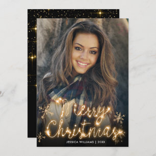Merry Christmas Gold Sparkle Script PHOTO Greeting Holiday Card