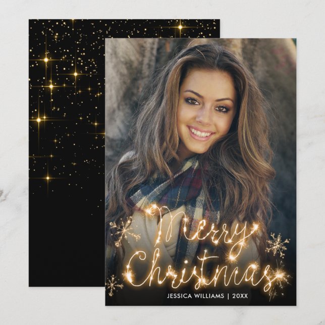 Merry Christmas Gold Sparkle Script PHOTO Greeting Holiday Card (Front/Back)
