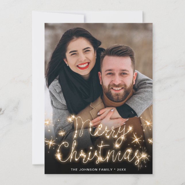 Merry Christmas Gold Sparkle Script PHOTO Greeting Holiday Card (Front)