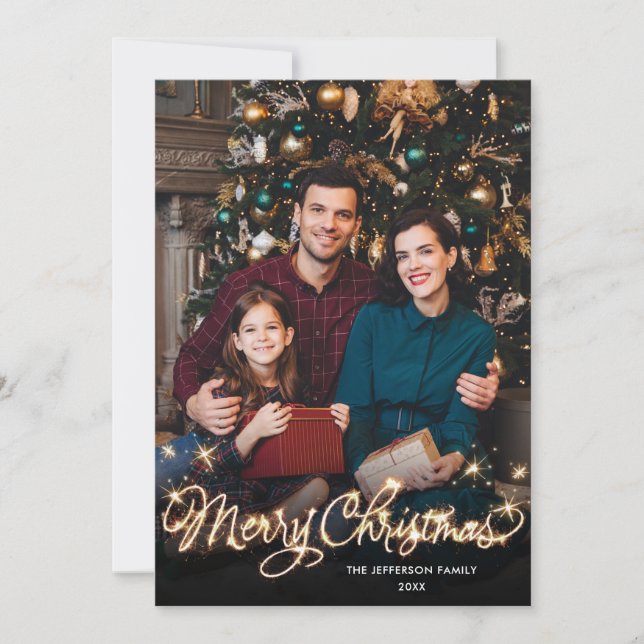 Merry Christmas Gold Sparkle Script PHOTO Greeting Holiday Card (Front)