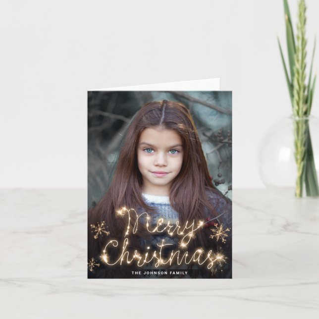 Merry Christmas Gold Sparkle Script PHOTO Greeting Holiday Card (Front)