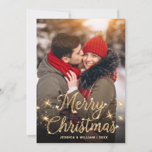 Merry Christmas Gold Sparkle Script PHOTO Greeting Holiday Card