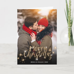 Merry Christmas Gold Sparkle Script PHOTO Greeting Holiday Card