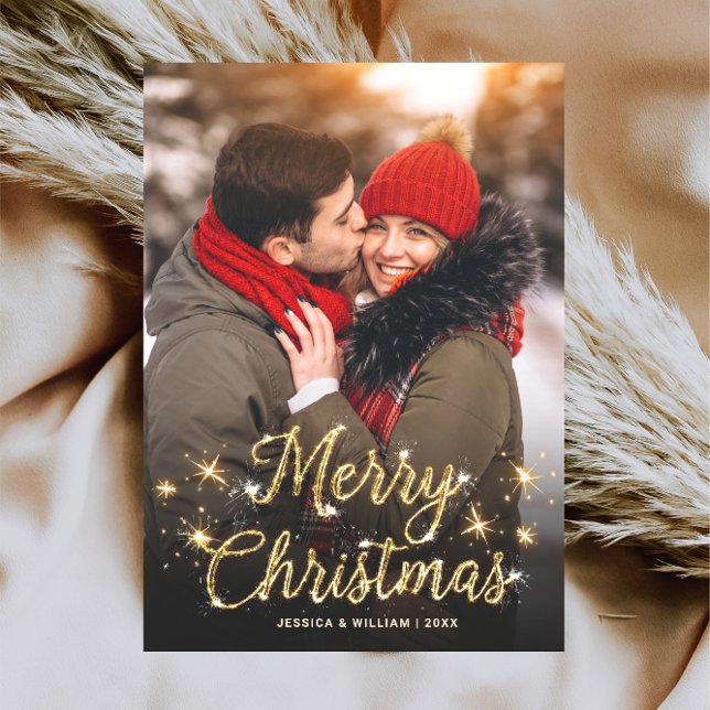 Merry Christmas Gold Sparkle Script PHOTO Greeting Holiday Card (Creator Uploaded)