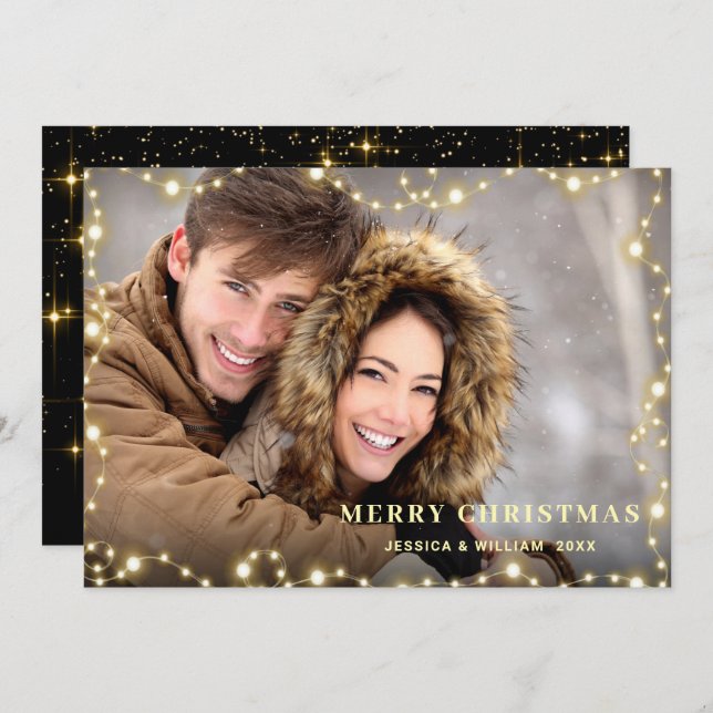 Merry Christmas Gold Sparkle Script PHOTO Greeting Holiday Card (Front/Back)