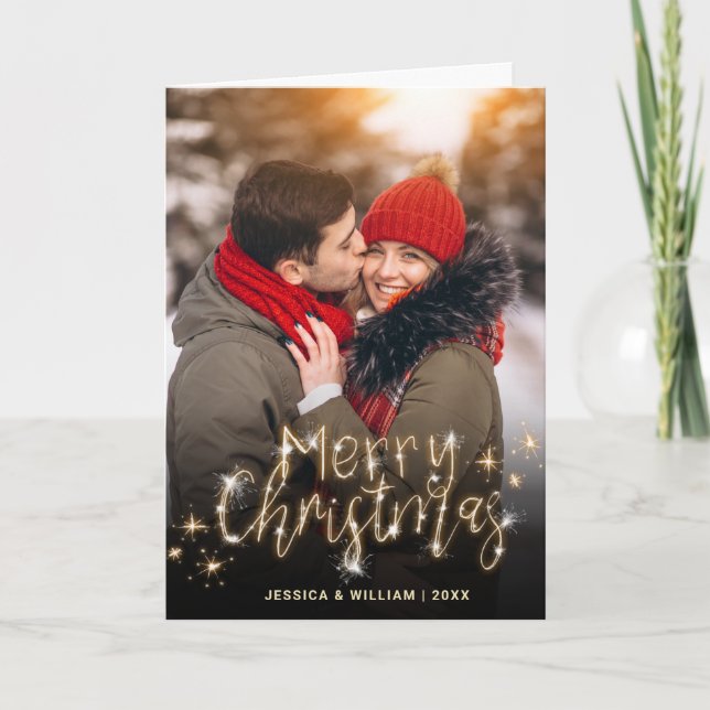 Merry Christmas Gold Sparkle Script PHOTO Greeting Holiday Card (Front)