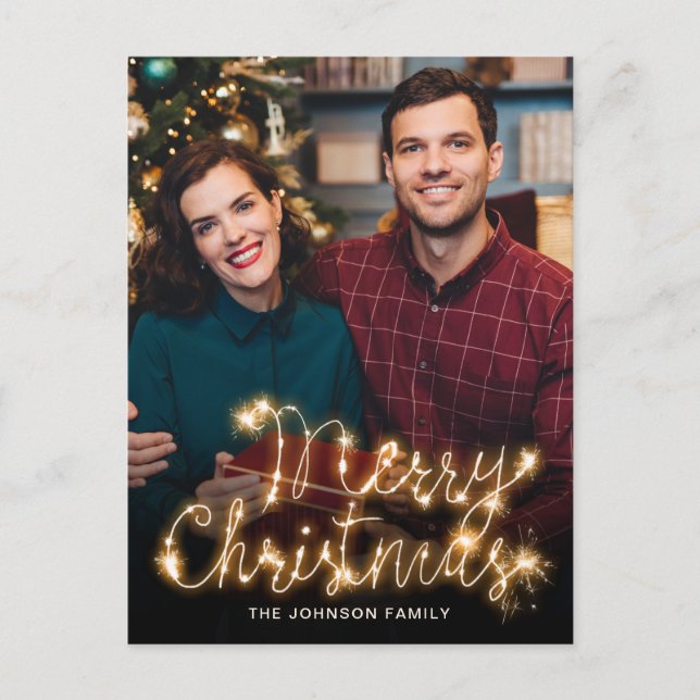 Merry Christmas Gold Sparkle Script PHOTO Greeting Postcard (Front)