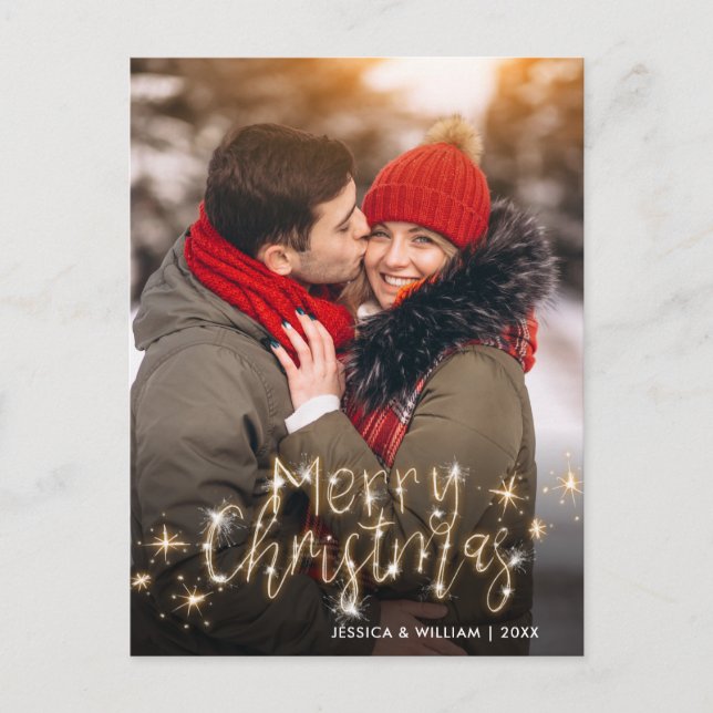 Merry Christmas Gold Sparkle Script PHOTO Greeting Postcard (Front)