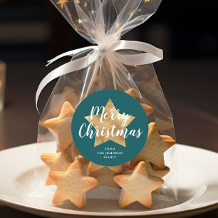 Merry Christmas Gold Star Green Classic Round Sticker