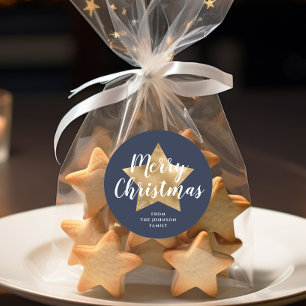 Merry Christmas Gold Star Navy Blue Classic Round Sticker