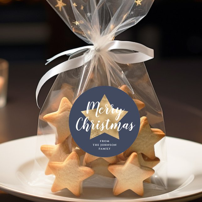 Merry Christmas Gold Star Navy Blue Classic Round Sticker (Merry Christmas Gold Star Navy Blue Classic Round Sticker)