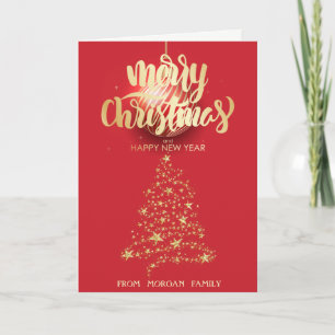 Merry Christmas,Gold Stars Christmas Tree Red Holiday Card