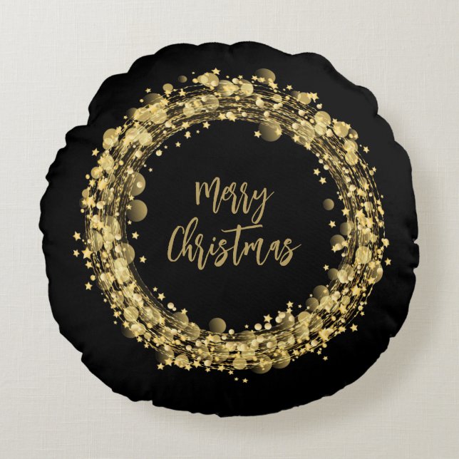 Merry Christmas Gold Stars on Black Round Cushion (Front)