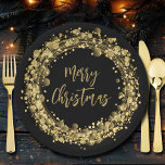 Merry Christmas Gold Stars Paper Plate<br><div class="desc">Holiday party paper plates feature twinkling gold stars,  circles and dots surrounding the words "Merry Christmas" on a black background. MATCHING items in our collection.</div>